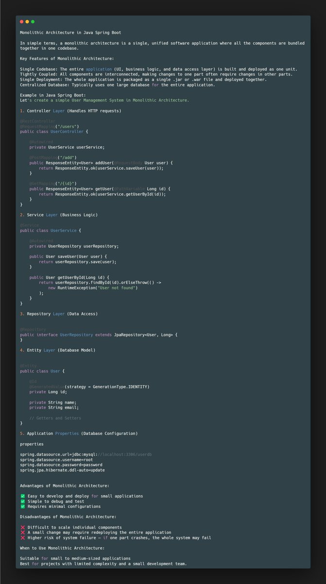 Monolithic Architecture in Java Spring Boot

In simple terms, a monolithic architecture is a single, unified software application where all the components are bundled together in one codebase.

#ayshriv #monolithic #java #springboot