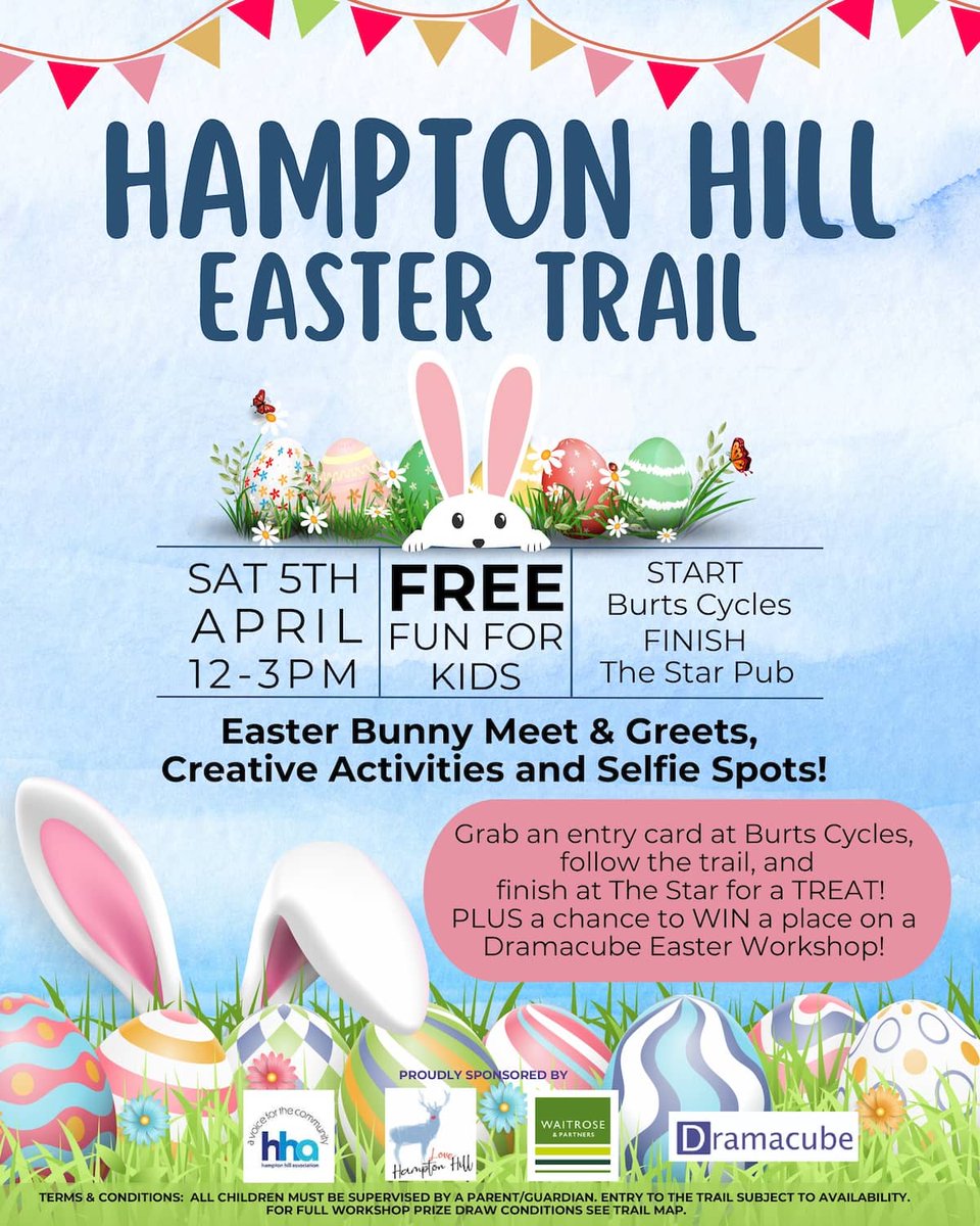 🐰🌸 Join us for the Hampton Hill Easter Trail! 🌸🐰

📅 Saturday 5th April
⏰ Free entry from 12-3 PM
📍 Start: Burts Cycles maps.app.goo.gl/DpiymMsaSyW2hS…
Finish: The Star Pub

🐇 Meet the Easter Bunny
🎨 Creative activities
🎯 Games and cake sale