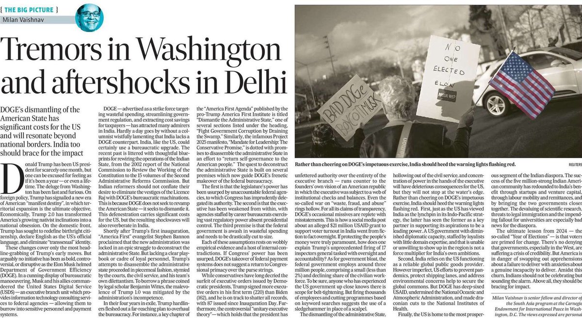 Milan Vaishnav (@milanv) on Twitter photo My latest for <a href="/htTweets/">Hindustan Times</a>: The dismantling of the American state is well underway. Indians should not be celebrating but sounding the alarm. Above all, they should be bracing for impact. hindustantimes.com/opinion/tremor… My latest for <a href="/htTweets/">Hindustan Times</a>: The dismantling of the American state is well underway. Indians should not be celebrating but sounding the alarm. Above all, they should be bracing for impact. hindustantimes.com/opinion/tremor…