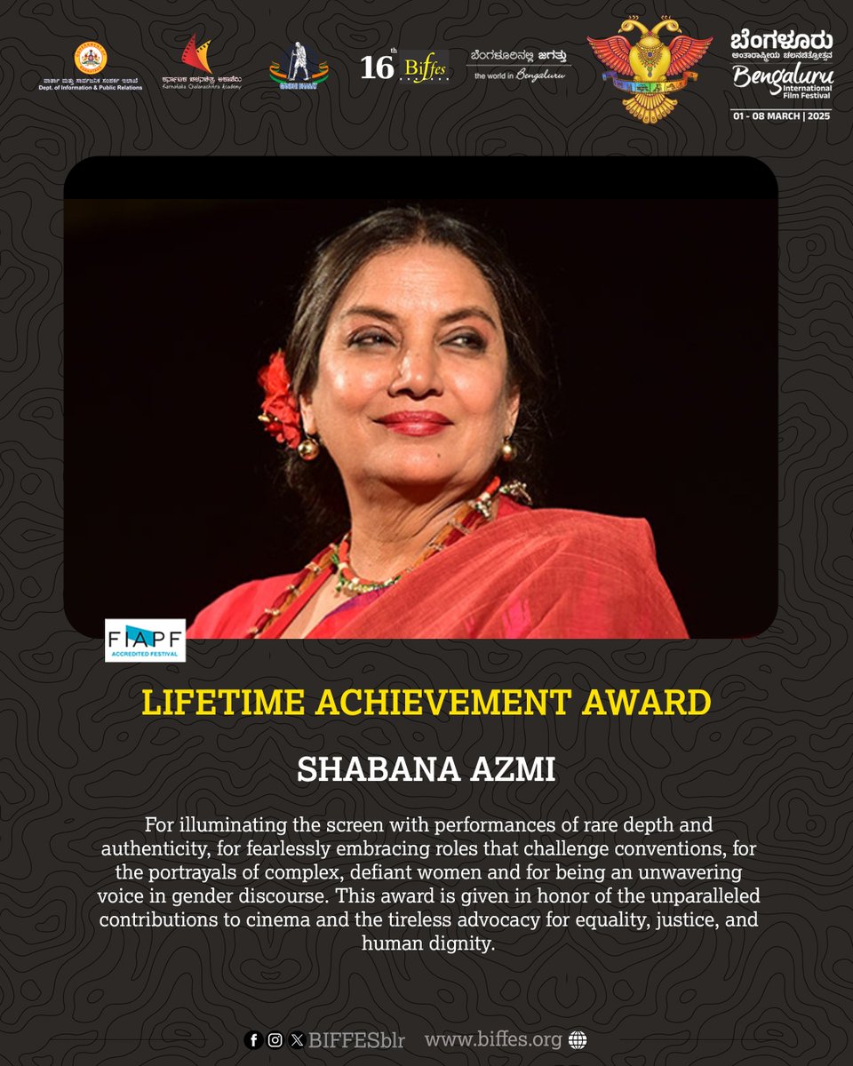 16ನೇ ಬೆಂಗಳೂರು ಅಂತಾರಾಷ್ಟ್ರೀಯ ಚಲನಚಿತ್ರೋತ್ಸವವು ಪ್ರಸಿದ್ಧ ನಟಿ ಶಬಾನಾ ಆಜ್ಮಿ ಅವರಿಗೆ ಜೀವಮಾನ ಸಾಧನೆ ಪ್ರಶಸ್ತಿ ನೀಡಿ ಗೌರವಿಸಿದೆ. 

At the 16th BIFFes 2025, the prestigious Lifetime Achievement Award was presented to the iconic Shabana Azmi for her unparalleled contributions to cinema.

#BIFFes