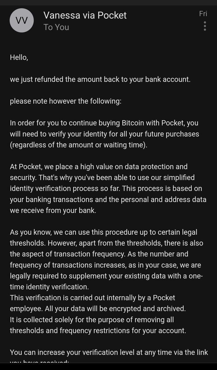 cala_teo's tweet photo. Ciao @bip_show. Un chiarimento sui limiti di acquisto di Pocket Bitcoin. Questa la mail ricevuta dal team pochi giorni fa. https://t.co/9p61cvYYKI