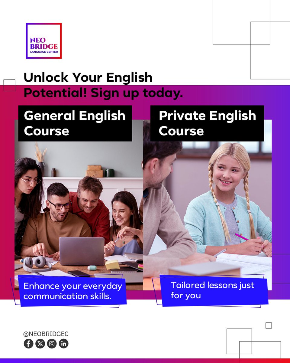 NeobridgeC's tweet photo. Ready to master English? Whether you prefer interactive group sessions to boost everyday communication or personalized one-on-one lessons tailored to your goals, we've got you covered. Sign up today! https://t.co/vo7FtOMsz4
#LearnEnglish #EnglishCourses #NeoBridge" https://t.co/cCk27mvIjw