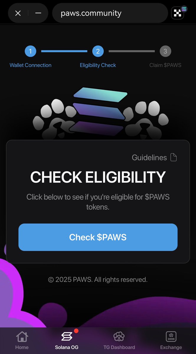 猫爪 PAWS 给 Solana Og 空投了：

$PAWS 总供应量的 7.5% 会给到 Solana OG，持有 JUP、ME、JTO、BONK、WIF、PENGU、GIGA，或积极使用 Phantom Wallet 可以查查。

没有在电脑跟前，直接手机上用 OKX 钱包查询的

查询：paws.community/app/solana-og
