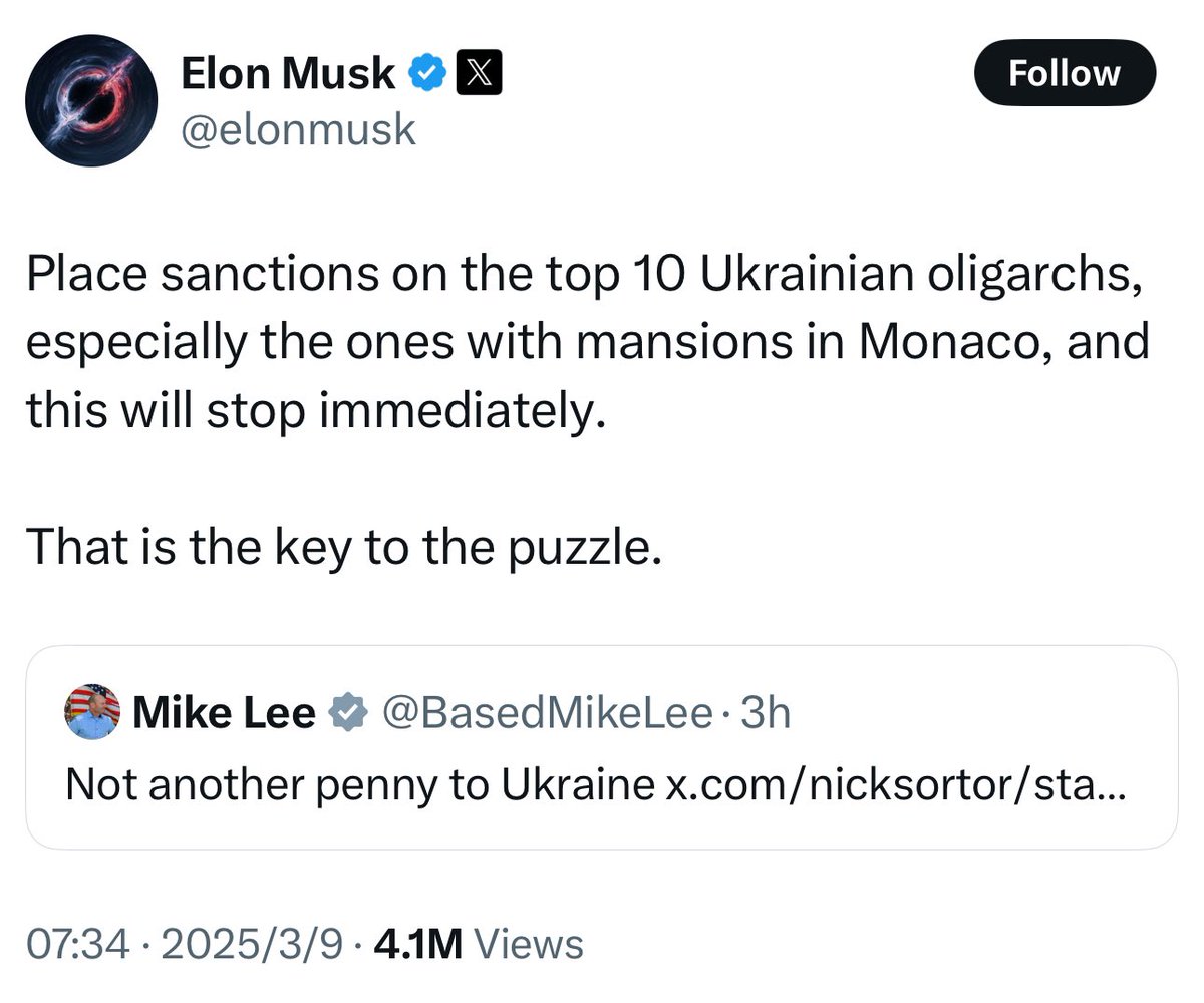 ▪️Elon Musk stated that sanctions should be imposed on the top 10 Ukrainian oligarchs to stop the war.

Funny, I haven’t seen Ukrainian oligarchs launching hundreds of drones and ballistic missiles at me and my people every night!

Or maybe The war will end when Ukraine