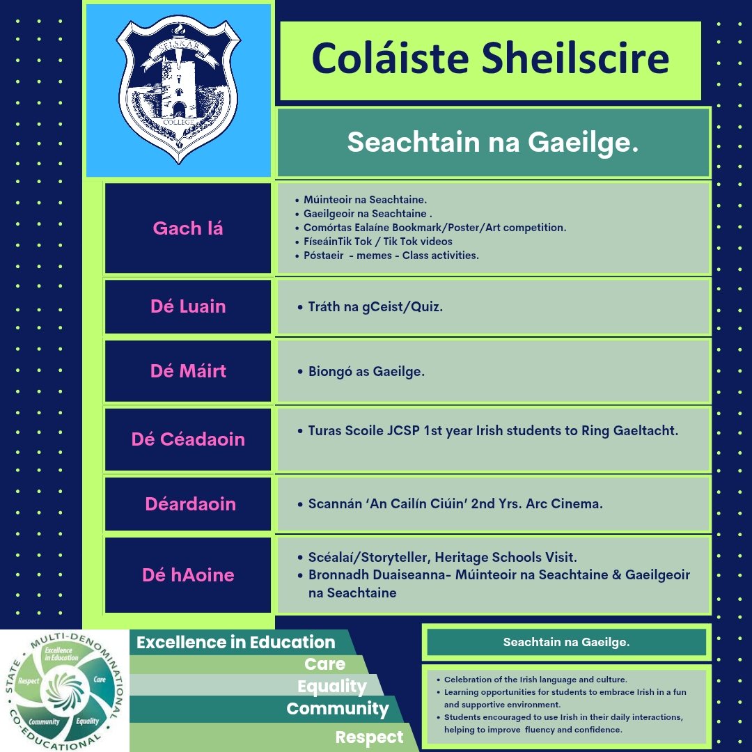 Busy week ahead ! 👏🤝👩‍🔬👨‍🔬✈️
Check out our Weekly Activities. 📝📖📓🎨🖼🎾🎤⚽️  
🌟 Seachtain na Gaeilge 2025 🌟

#snag25 #excellence  #community #seachtaineNaGaeilge 
#excellence #community 
#selskarstyle #wwetb