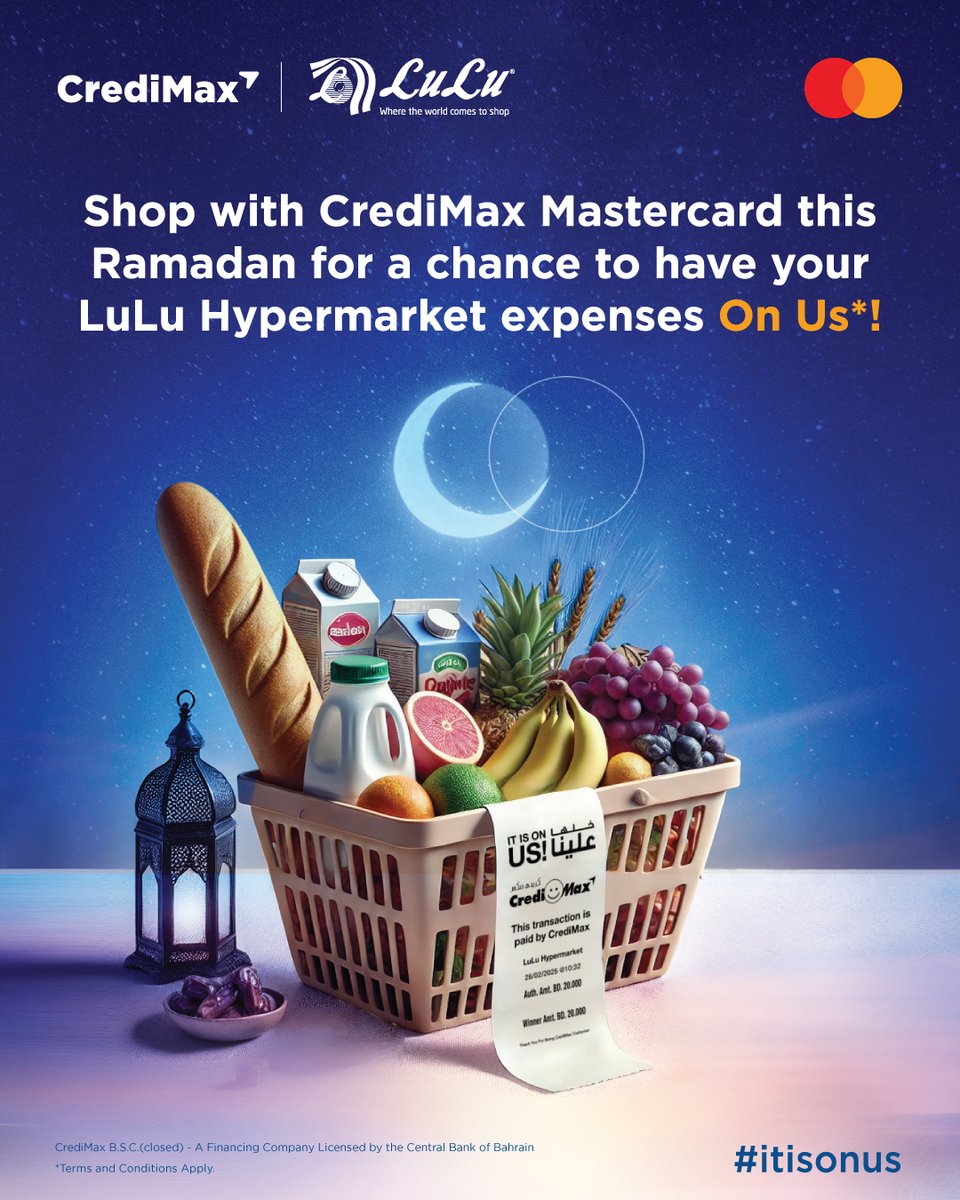 LuLuHyperBH's tweet image. Shop with CrediMax Mastercard this Ramadan for a chance to have your LuLu Hypermarket expenses On Us! Make sure to follow the instructions in the posts so you do not miss the opportunity to win!

#CrediMax @credimax.b.s.c