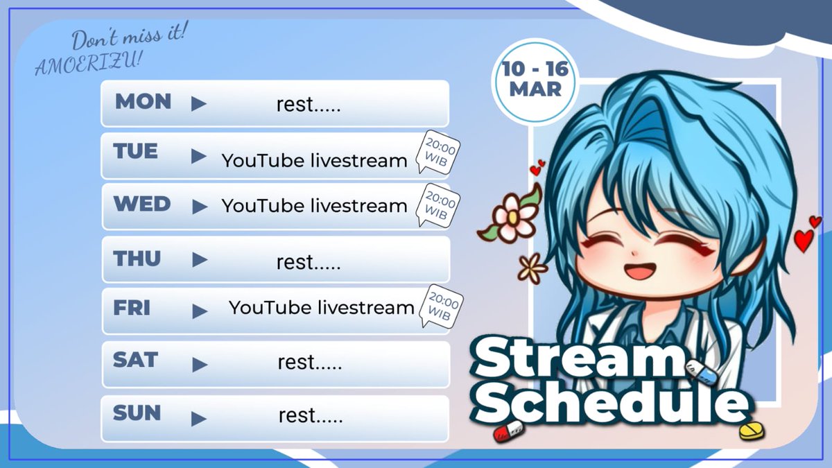 AmatsukaRizu's tweet photo. JADWALNYA YA GUYS (10-16 MARET 2025)
Hashtag for Amatsuka Rizu
Art: #Amatsukart
Nsfw: #Dangerizz
Clips: #Clipinzu
Schedule: #RiZched
Education:#HealthRizz
Gaming: #Riplay
Shorts: #Rishorts
Livestream: #RiLive
Fans name: Amoreizu
Join server discord: https://t.co/d7Gkfz7SJz https://t.co/0OChDqqRRV