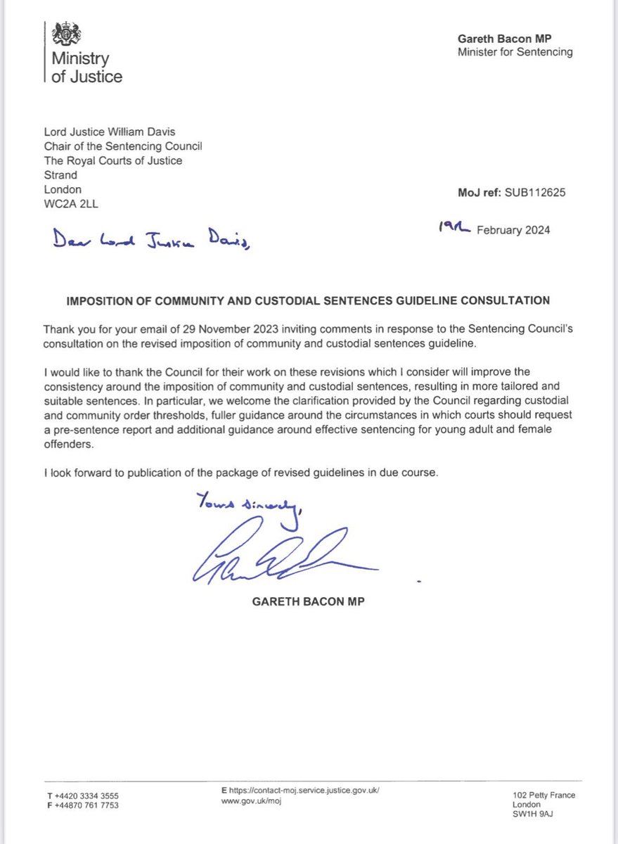 As Honest Bob Jenrick tours the country repeating far-right conspiracy talking points about “two-tier sentencing”, here is the letter his own government sent to the Sentencing Council approving the very Guidelines he now claims are evidence of “two-tier Keir”.

The man is a fraud