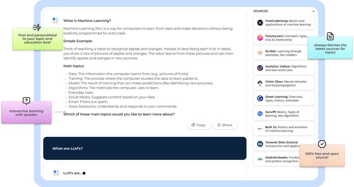 开源免费AI导师，你的学习利器
#AI工具分享： Llama Tutor 
免费且强大：集成了强大的 Llama 3.1 和 Serper，为你提供精准的答案和清晰的解释。

因材施教： 无论你是小学生还是大学生，
只需输入你想学的知识和你的教育水平，Llama Tutor 就能为你量身定制学习方案。
体验：llamatutor.together.ai