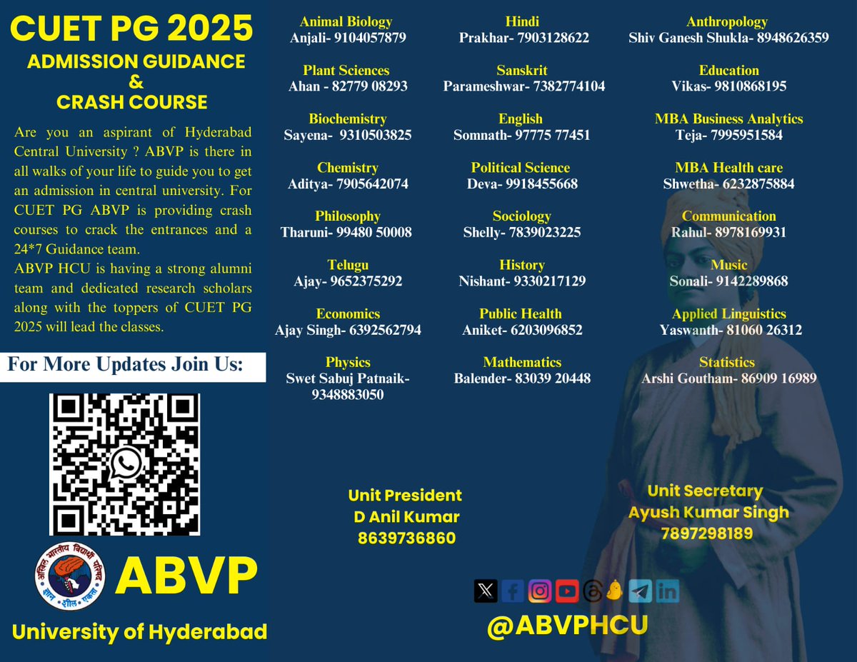 We are delighted to announce the ABVP HCU help desk for CUET-PG. Please reach out to the students from the concerned subjects for any assistance related to the admission process. 
Scan the QR to join our groups 
#hcu #cuetpg #uoh #students #hyderabad