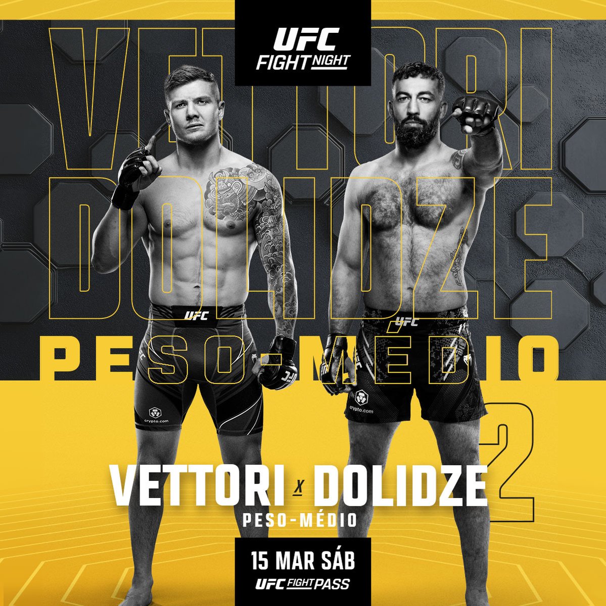 📌 #UFCVegas104
🇮🇹 <a href="/MarvinVettori/">Marvin Vettori</a> 🆚 @RomanDolidzeUFC 🇬🇪 2
🇧🇷 <a href="/ElizeuCapoeira/">Elizeu Capoeira</a>, @PedritaUFC, @JosianeNunesUFC, Andre Mascote, Stephanie Luciano e <a href="/BrendsonRibeir5/">Brendson Ribeiro</a>
🗓️ Sábado, 15 de Março
⏰ 17h (horário de Brasília)
📺 Exclusivo no <a href="/UFCFightPassBR/">UFC Fight Pass Brasil</a>.