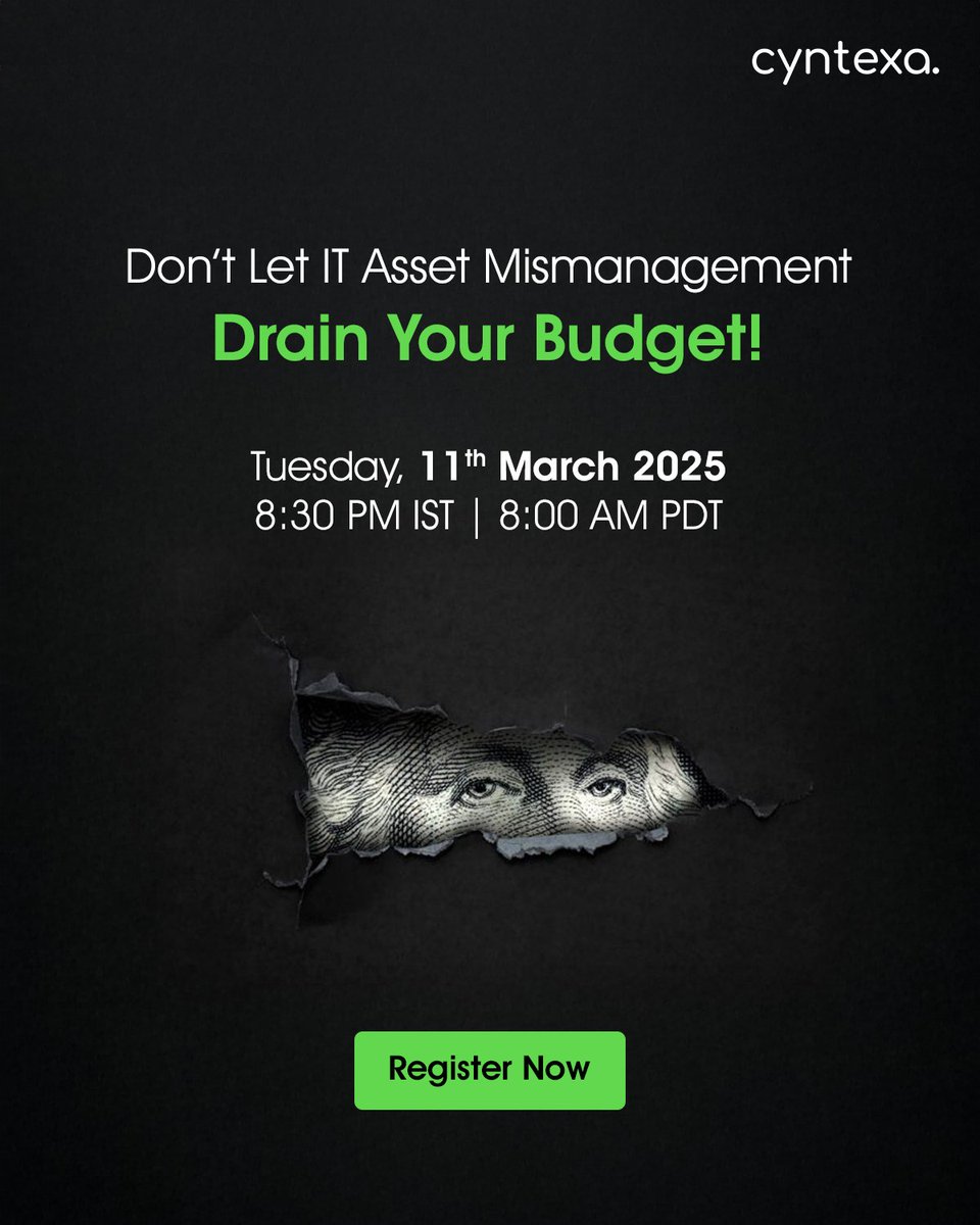 Are your IT assets draining your budget? Join our expert-led webinar on ServiceNow ITAM &amp; learn to transform asset mismanagement into budget wins.

Tuesday, 11 March 2025
08:30 PM IST and 8:00 AM PDT

Register Now: cyntexa.com/webinar/optimi…

#ITAssetManagement #ServiceNow