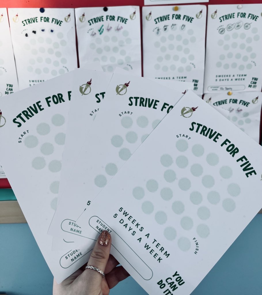 MissGordon_PE's tweet photo. “STRIVE FOR FIVE” 
A new attendance initiative tackling persistent absence -
Amazing engagement so far, with students taking charge of their own attendance. 
Small steps- hopefully, big impact! #StriveForFive #AttendanceMatters ✅ ⭐️ https://t.co/EVOxYoTozX