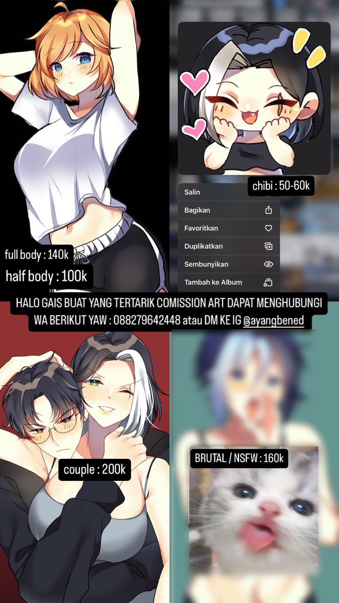 gais gais mumpung nanti lebaran atau yg lagi banyak duit mwheheh jajan art yawww 

Buat Player ML khususnya yang suka Bened bisa jajan artku yaw (bisa hero lain juga comissionnya), ready art dan comic (088279642448)

trakteer.id/ayang_bened