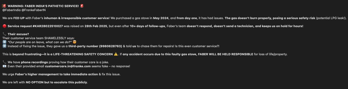 nagdeeps's tweet photo. 🚨 FABER INDIA’S PATHETIC SERVICE! 🚨
🔴 Service request #KAR28022510027 
#ConsumerRights #ConsumerComplaint #FaberIndia #GasLeakRisk #UnsafeAppliance #RightToSafety  #IndiaAgainstCorruption #jagoGrahakJago #DefectiveProduct
#CustomerServiceFail #CustomerSupport #Faber #gasleak https://t.co/Ei5g25UCbd