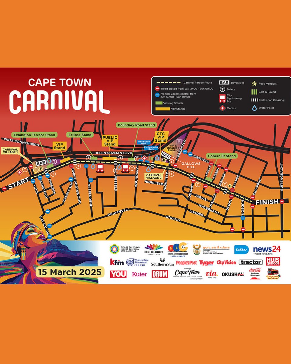 CTCarnival's tweet photo. Six days to go until #capetowncarnival.
Here is some important information for your planning for carnival day – road closures and parking!
See you on Sat 15 March at 6pm!
#ParkingSolved #capetownevents #CapeTown #carnival #roadclosures #capetowncarnival2025 https://t.co/u3MihZh7Am