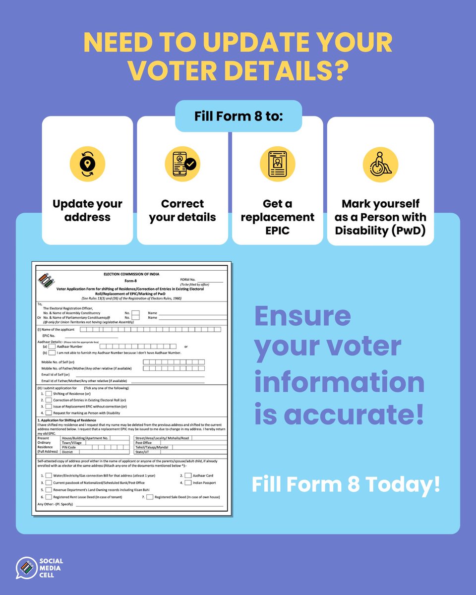 Keep your voter details up to date! ✨

Fill Form 8 to ensure your information is accurate.

#Form8 #ECI #ECIForm #Elections2025