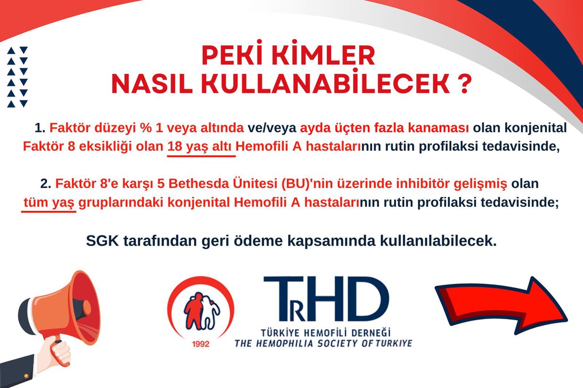 turkhemoder's tweet photo. 1. Faktör düzeyi %1 altında ve/veya ayda üçten fazla kanaması olan 18 yaş altı hastaların,

2. Faktör 8’e karşı inhibitör gelişmiş olan 
tüm yaş gruplarındaki hastaların,

rutin profilaksi tedavisi SGK tarafından geri ödeme kapsamına dahil edildi. https://t.co/l9OEOBguy6