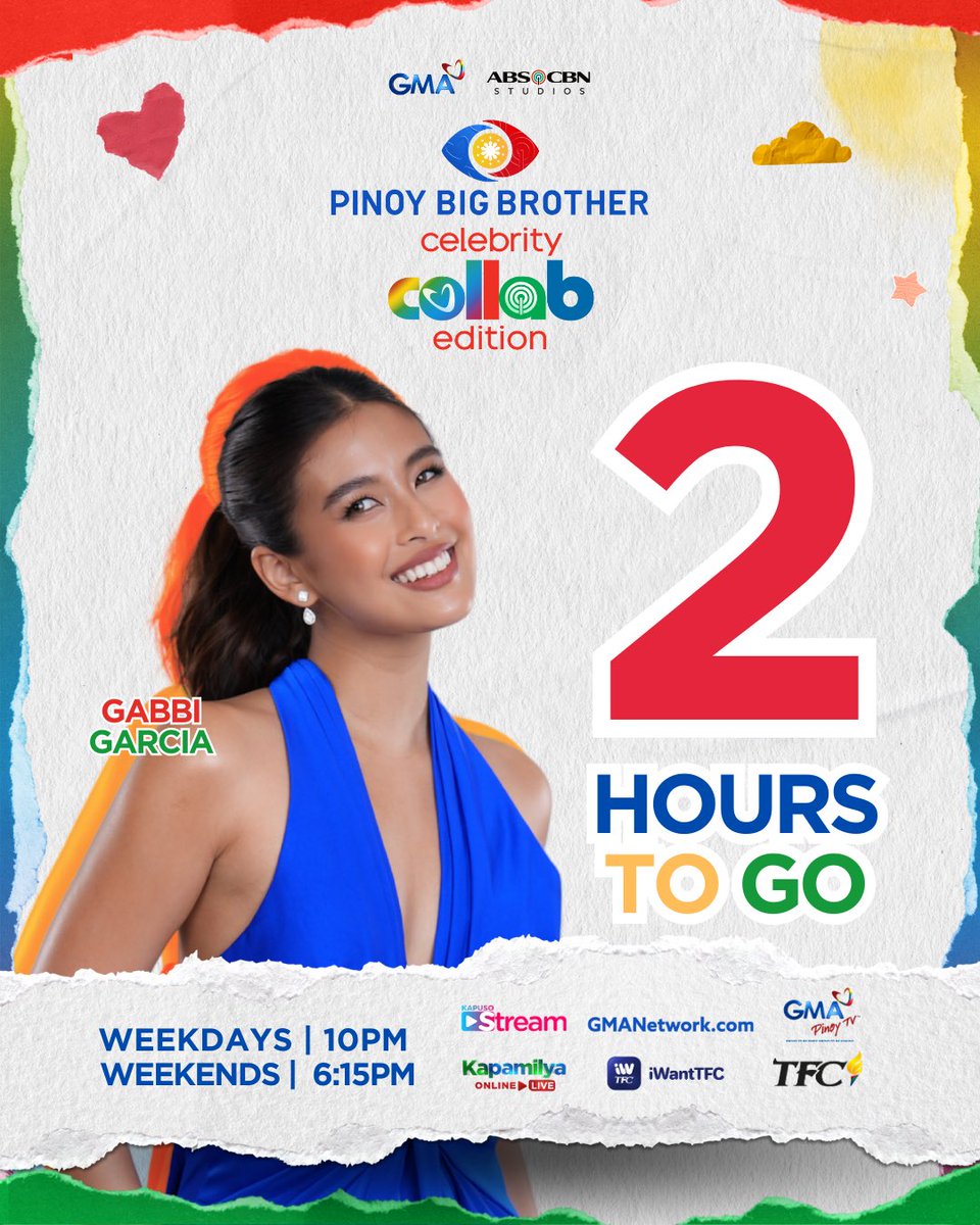 PBBabscbn's tweet photo. 2 HOURS TO GO!!!

SOBRANG LAPIT NA! 💃  Onting kembot nalang mapapanood na natin ang muling pagbubukas ng Bahay Ni Kuya! 🏠 Pinoy Big Brother Celebrity Collab Edition, mamayang 6:15 PM na!   

Mapapanood sa GMA, Kapuso Stream, https://t.co/2xAr3Ibri3, GMA Pinoy TV, Kapamilya Online Live, iWantTFC, at TFC!  📺

Weekdays | 10PM 
Weekends | 6:15PM

#PBBTheBigCollab
#PBBCollabWithGMA
