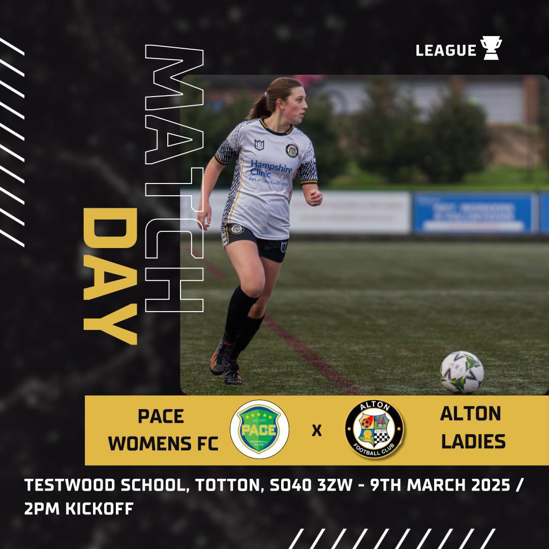 Next up for Alton Ladies first team.   Good luck everyone. 

📆 Sunday 9th March 2025
🆚 Pace Women FC
⚽️ League 
🕦 2pm KO 
🏟 Testwood School. 
📍SO40 3ZW