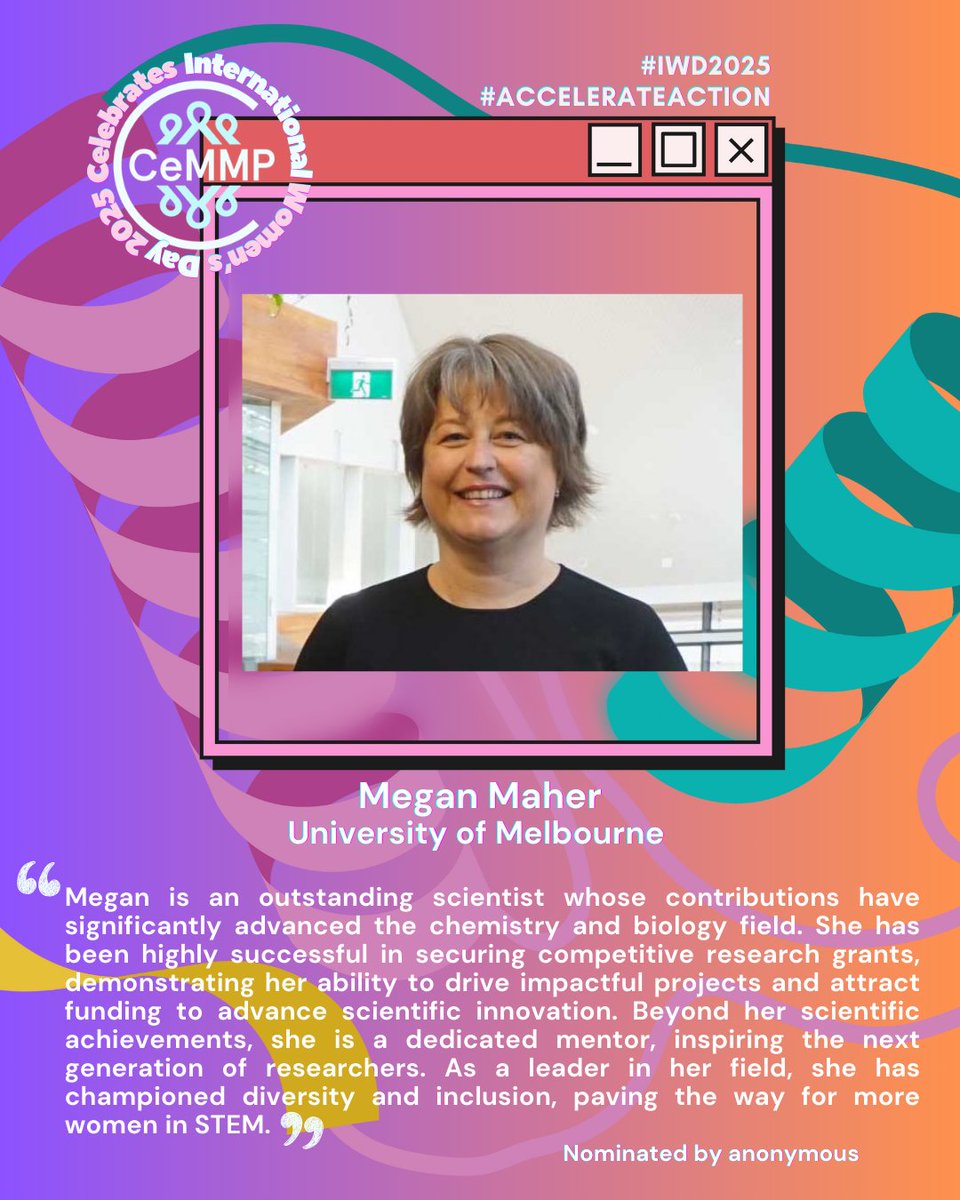 ARC CCeMMP (@ccemmp) on Twitter photo Next we have Megan Maher from The University of Melbourne. 👏
Stay tuned for more in our #CCeMMP #IWD25 series!
#IWD2025 #WomenInScience #AccelerateAction
<a href="/DrMJMaher/">Megan Maher</a>
<a href="/ChemistryUoM/">School of Chemistry | University of Melbourne</a>
<a href="/Bio21Institute/">Bio21 Institute</a>
<a href="/arc_gov_au/">Australian Research Council</a> Next we have Megan Maher from The University of Melbourne. 👏
Stay tuned for more in our #CCeMMP #IWD25 series!
#IWD2025 #WomenInScience #AccelerateAction
<a href="/DrMJMaher/">Megan Maher</a>
<a href="/ChemistryUoM/">School of Chemistry | University of Melbourne</a>
<a href="/Bio21Institute/">Bio21 Institute</a>
<a href="/arc_gov_au/">Australian Research Council</a>