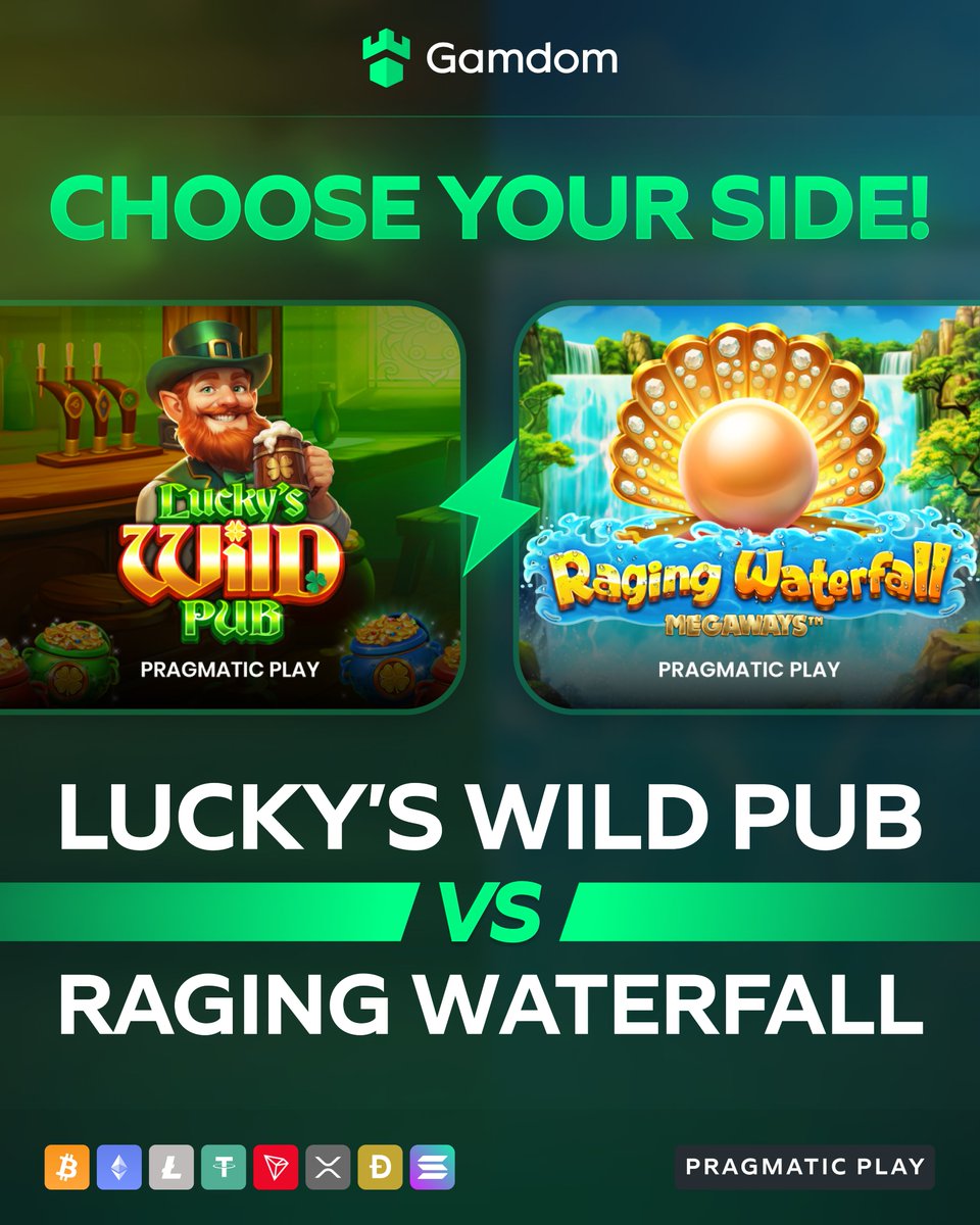 gamdom's tweet photo. 🎰 Battle of the Slots: Pragmatic Play! 🎰

Who you got? 🤔

#Team🍀 Lucky’s Wild Pub 🆚 #Team🌊 Raging Waterfall Megaways™

Drop your userID below with your reply & 🔁 for a shot at FREE spins! 🎁
