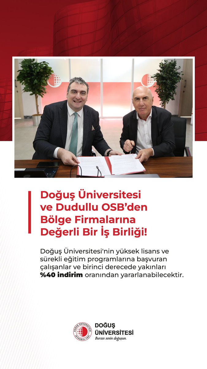 📢 Doğuş Üniversitesi ve Dudullu OSB’den Bölge Firmalarına Değerli İş Birliği!

İş birliği kapsamında, Doğuş Üniversitesi'nin yüksek lisans ve sürekli eğitim programlarına başvuran çalışanlar ve birinci derece yakınları %40 indirim oranından yararlanabilecektir! 🎓