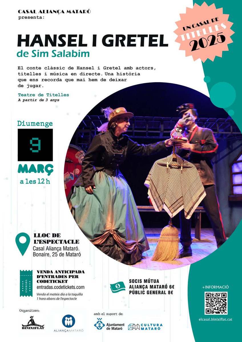 Aquest matí que no us faci mandra sortir per la pluja!!! Segurament haurà escampat a quarts de 12!! Un bon espectacle familiar amb actors, titelles i música en directe de la companyia Sim Salabim al Casal L'Aliança