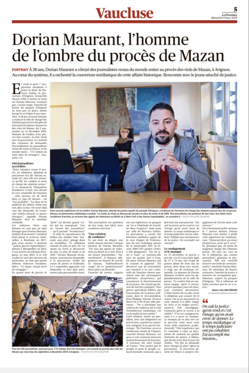 Procureure Avignon (@procureuravign1) on Twitter photo Merci à la Provence pour ce très bel article qui reflète le travail colossal de <a href="/DorianMrnt/">Dorian Mrt</a> attaché de justice, durant le procès des viols de Mazan 🙏🤩
<a href="/justice_gouv/">Ministère de la Justice</a>
<a href="/Interieur_Gouv/">Ministère de l'Intérieur</a>
#TeamEnm Merci à la Provence pour ce très bel article qui reflète le travail colossal de <a href="/DorianMrnt/">Dorian Mrt</a> attaché de justice, durant le procès des viols de Mazan 🙏🤩
<a href="/justice_gouv/">Ministère de la Justice</a>
<a href="/Interieur_Gouv/">Ministère de l'Intérieur</a>
#TeamEnm