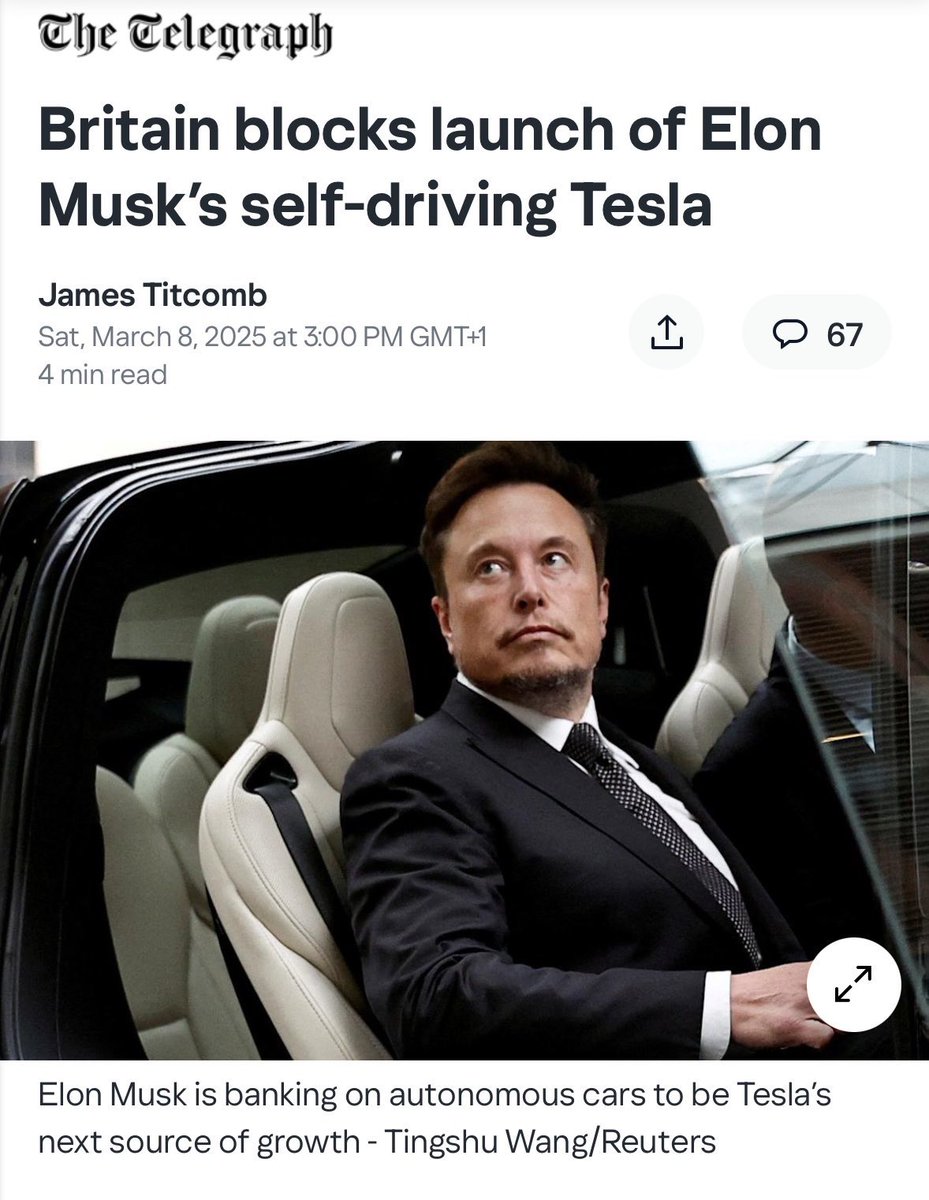ChrisExcel102's tweet photo. Britain blocked self driving Tesla because Lord Elon is white…. 😭 https://t.co/cko4ydT4bi