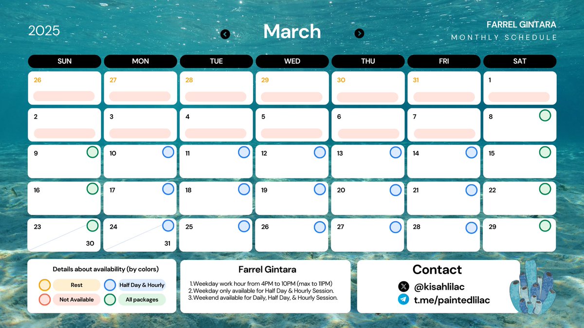 𓈒🌊 The Oceanite's schedule.

Farrel Gintara's (<a href="/fagintara/">Farrel Gintara</a>) availability for March. Farrel is only available for half day &amp; hourly in weekday. 

You can contact me on telegram for booking a session with him. 💙