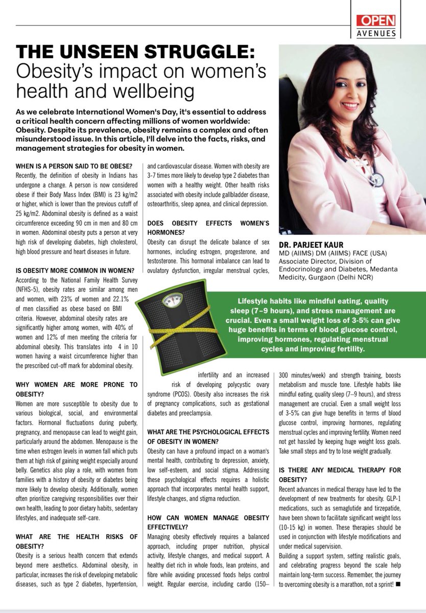 Dr Parjeet Kaur (@dr_parjeet) on Twitter photo Abdominal obesity rates are much higher in Indian women vs men (40% vs 12%)
Wrote a short article on Obesity in Women: unique challenges and ways to manage it.
<a href="/Openthemag/">Open Magazine</a>
#WomensDay2025
#worldobesityday
#publicawarenessmessage Abdominal obesity rates are much higher in Indian women vs men (40% vs 12%)
Wrote a short article on Obesity in Women: unique challenges and ways to manage it.
<a href="/Openthemag/">Open Magazine</a>
#WomensDay2025
#worldobesityday
#publicawarenessmessage