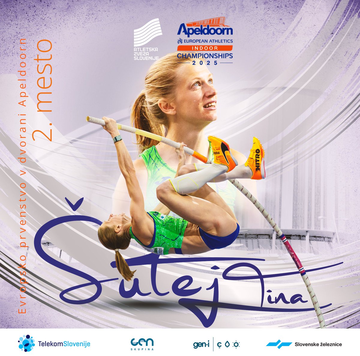 🔥 Tina Šutej 🥈 na EP v Apeldoornu 🔥

Slovenska rekorderka v skoku s palico Tina Šutej je na evropskih dvoranskih prvenstvih še tretjič zapored osvojila srebrno medaljo. V finalu je preskočila 4,75 metra, kar je njen najboljši letošnji dosežek. Čestitke! 🎉✨🇸🇮🥳