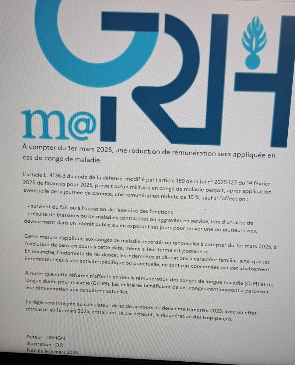 À compter du 1er mars 2025, si un militaire/gendarme est malade, c'est moins 10% sur son salaire. Tout va bien..

Le décret ici: legifrance.gouv.fr/codes/article_…