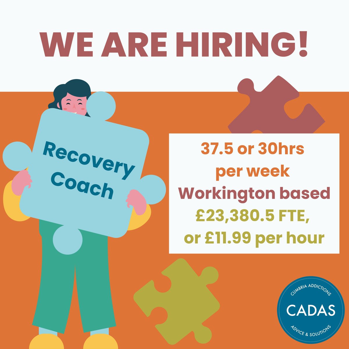 cadascumbria's tweet photo. Are you passionate about helping others on their journey to recovery?

Join our team as a Recovery Coach!

Find out more and apply via our website: https://t.co/IubV1D27HF 

All applications must be returned by 5pm on Friday 28th March 2025.

#Cumbriajobs #Workingtonjobs #CADAS https://t.co/G7mwkBLHO1