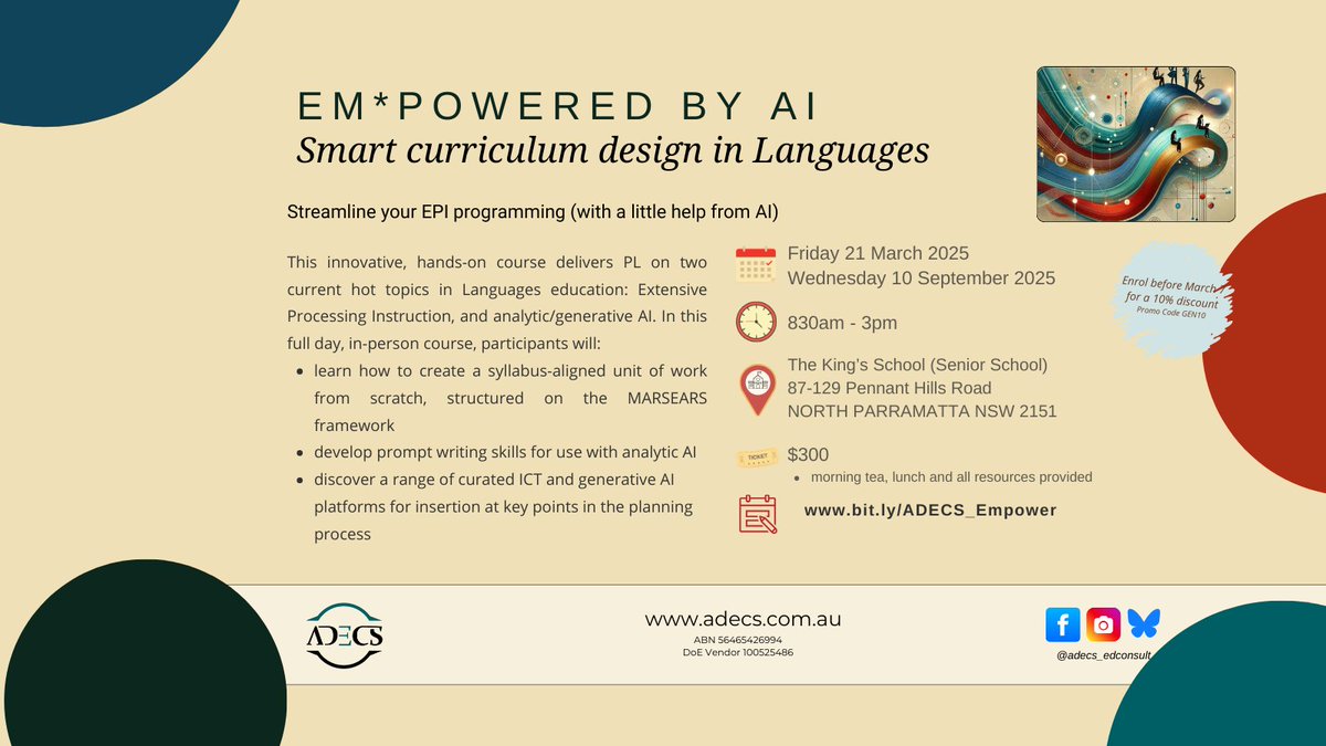 👋 Looking to upskill in AI and curriculum design? 🤖👩‍🏫 Join us on March 21 for a day of hands-on, practical learning with fellow AI enthusiasts 🎯 Register now for a 10% discount (code SM10)💰 bit.ly/ADECS_Empower
<a href="/MLTANSW/">MLTA NSW</a> #mfl #epi #languages