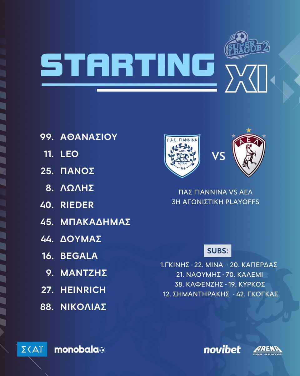 #startingxi👊
Η σημερινή εντεκάδα απέναντι στην Λάρισα για την 3η αγωνιστική των #playoffs της #superleague2

#pasgiannina #pasgianninafc #pas #novibet #cararena
#skaitv #monobala
