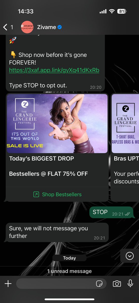 Shinigami_rohit's tweet photo. @Zivame what part of opting out of promotional messages do you guys not understand? Have you built your systems to ignore customer’s choice and keep barging with promotional material? https://t.co/62RmLiaEyp