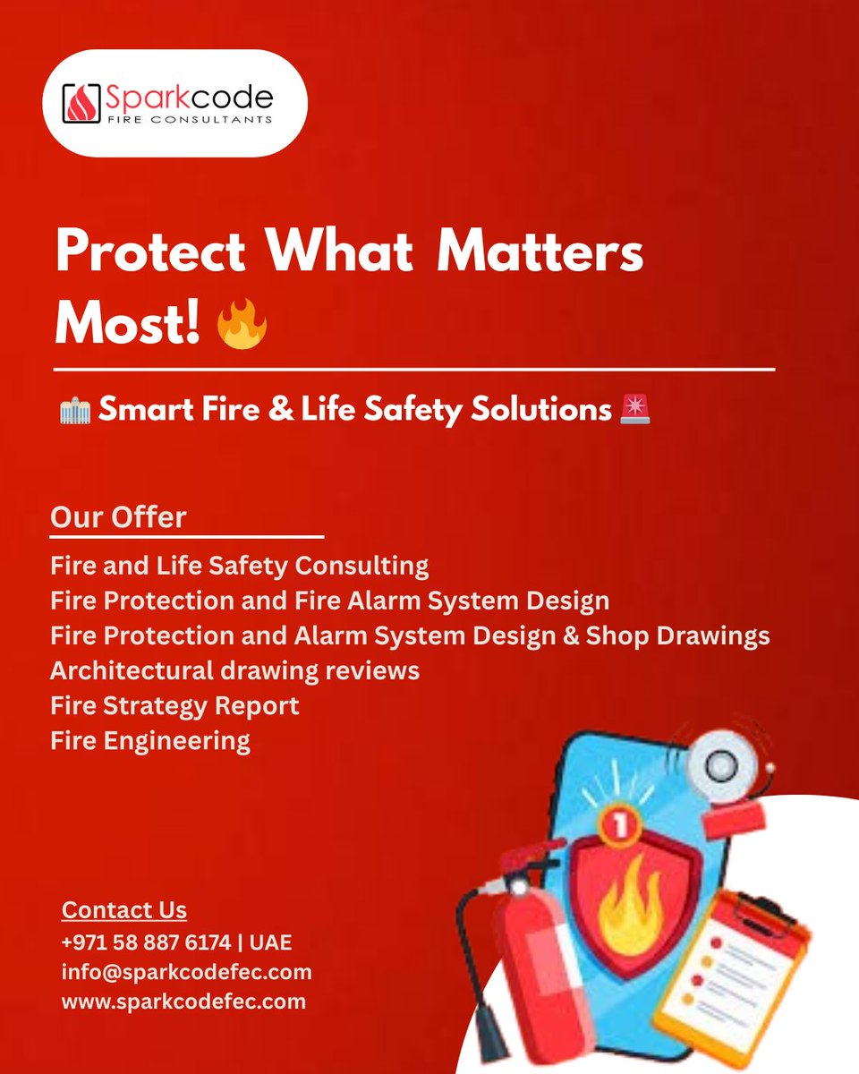 fire_code012's tweet image. Fire safety isn’t an option—it’s a necessity! 🔥🚨

From fire alarm system design to safety consulting, we’ve got you covered. Let’s create a safer future together! Contact us today.

📩 info@sparkcodefec.com
#FireSafety #LifeSafety #Sparkcode #FireProtection #StaySafe