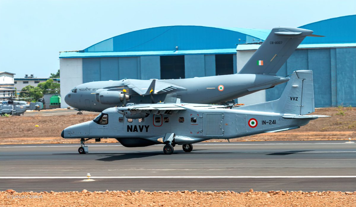 A picture from my 2025 wall calendar.

An Indian Navy Dornier-228 moments away from rotating as an IAF C-17 taxy's to her parking slot in the background. 

Copyrights: SANJAY SIMHA
VelocityTTL.com