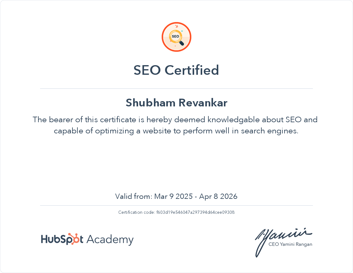 I just got my SEO Certification from HubSpot Academy 🎓 app-na2.hubspot.com/academy/achiev…

<a href="/HubSpot/">HubSpot</a> <a href="/HubSpotAcademy/">HubSpot Academy</a> <a href="/HubSpotDev/">HubSpot for Developers</a>