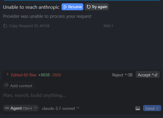 xnorcode's tweet image. is this the future of software development?
Cursor consistently failing to generate code (I assume it's poor infra that can't meet their demand) feels like well wasted $20...
Are there more people facing same issue?
#cursor #software #genai #ai