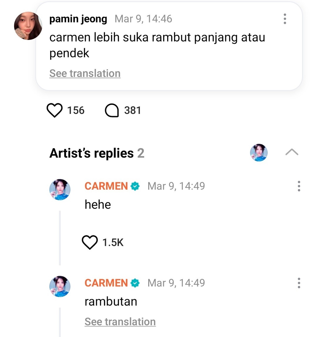 🩵: "carmen lebih suka rambut panjang atau pendek"
🌴: "rambutan"
🌴: "hehe"
SIAPAPUN MATIIN HOTSPOTNYA PLS😭😭😭 -star