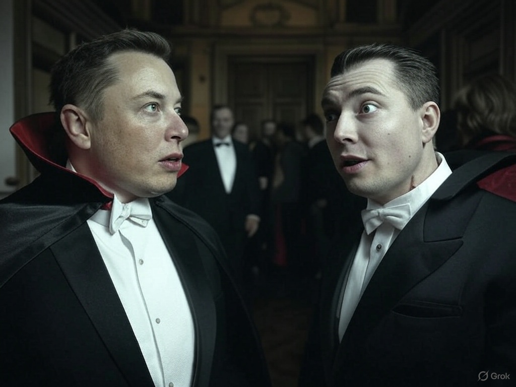 Elon Musk meets Dracula in Brașov. Elon pitches a blood-powered Tesla  Dracula says, 'Great range, but the fueling stations bite! 😅