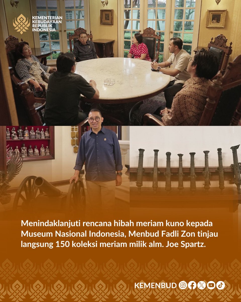 kemenbud's tweet photo. Menbud Fadli Zon bersilaturahmi dan berdiskusi dengan berbagai pihak, dari ulama hingga pegiat budaya, untuk memperkuat peran budaya dan sejarah dalam identitas bangsa. Tak hanya itu, Menbud Fadli Zon juga meninjau koleksi meriam kuno sebagai langkah pelestarian sejarah. https://t.co/n5zvUDWL78