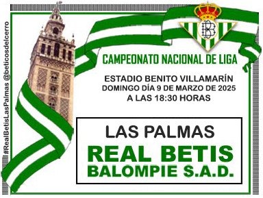 ¡Día de 𝘽𝙀𝙏𝙄𝙎!
#RealBetisLasPalmas #RealBetis #Betis #BeticosdelCerro
🟢 Real Betis - Las Palmas 🟡
🏟 Benito Villamarín
🏆 LaLiga EA Sports
🕡 18:30
📺 Movistar (dial 54)