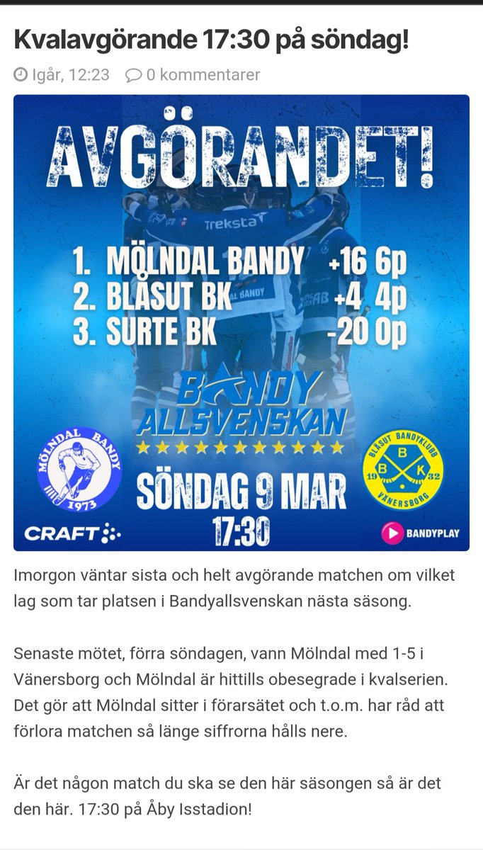 Nu ska det avgöras. <a href="/MolndalB/">Mölndal Bandy</a> vs Blåsut🔥. Förutsättningarna i Allsvenska kvalstriden inför✨👇✨🏑
#svbandy