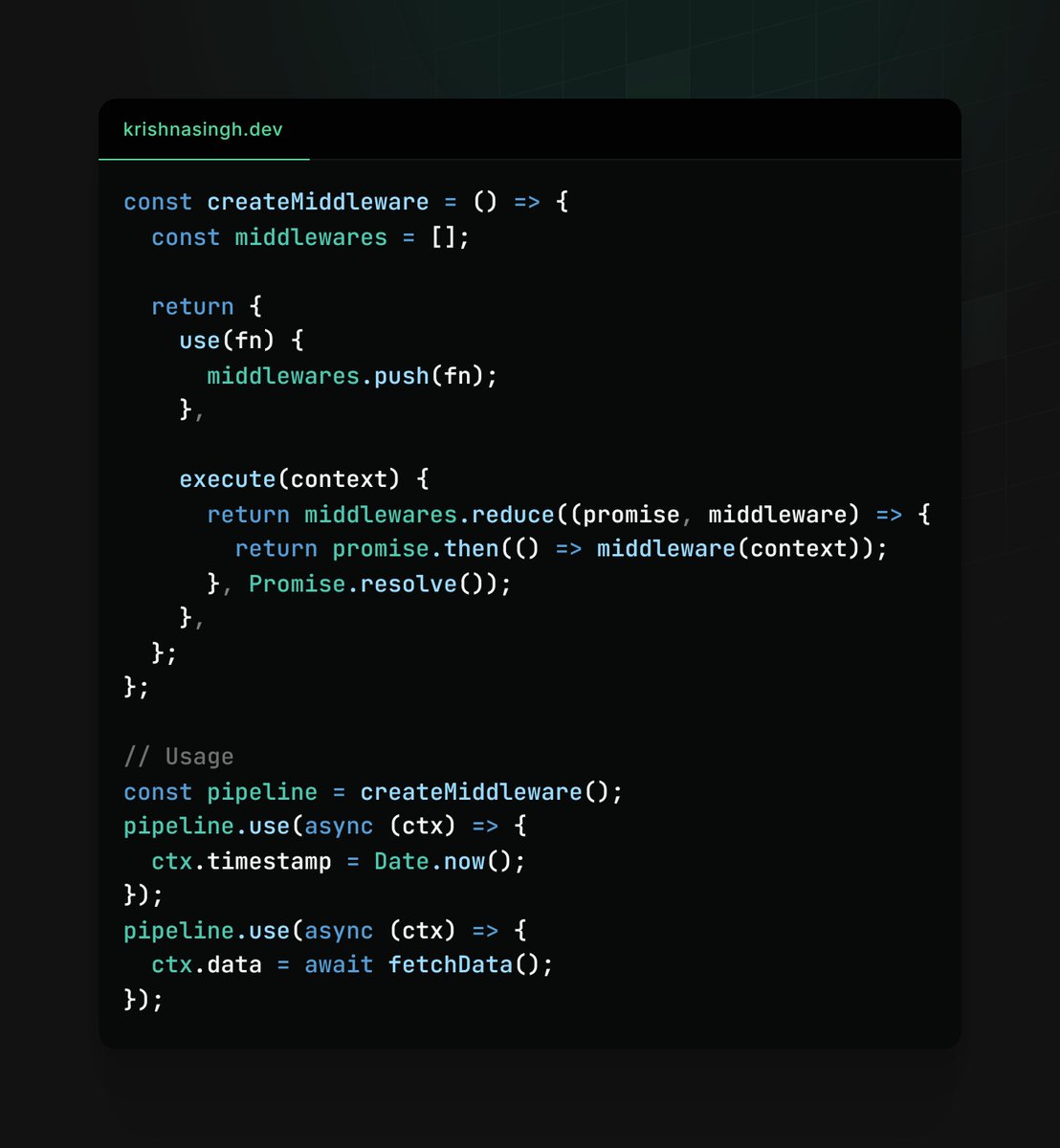 krishnasinghdev's tweet image. The Middleware Pattern - Extensible Operations

Benefits:
1. Extensible pipeline
2. Pluggable operations
3. Clean composition
4. Easy to test

#follow for more fun insights! 🌱