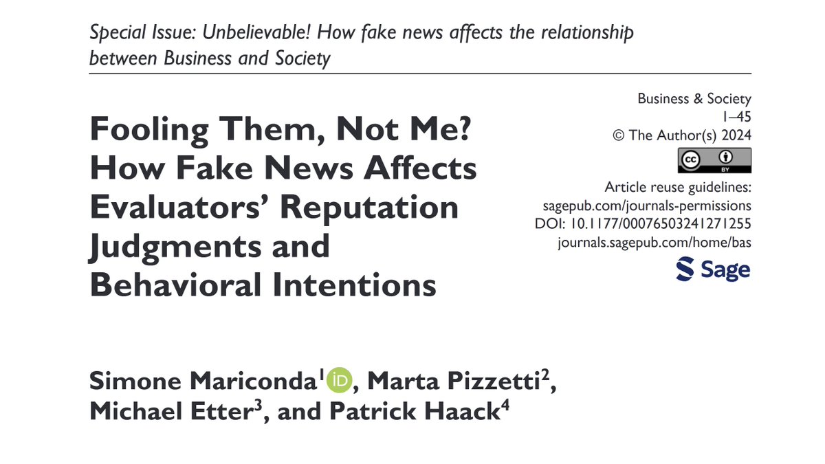ONLINE FIRST! How does fake news about an organization affect individuals’ #reputation judgments &amp; behavioral intentions? To find out read this new study by <a href="/simonemariconda/">Simone Mariconda</a>, Pizzetti (<a href="/EMLYON/">emlyon business school</a>), <a href="/MichaelEtter_/">Michael Etter</a> (<a href="/kingsbschool/">King's Business School</a>) &amp; Haack (<a href="/unil/">Université de Lausanne</a>). Open access: doi.org/10.1177/000765…