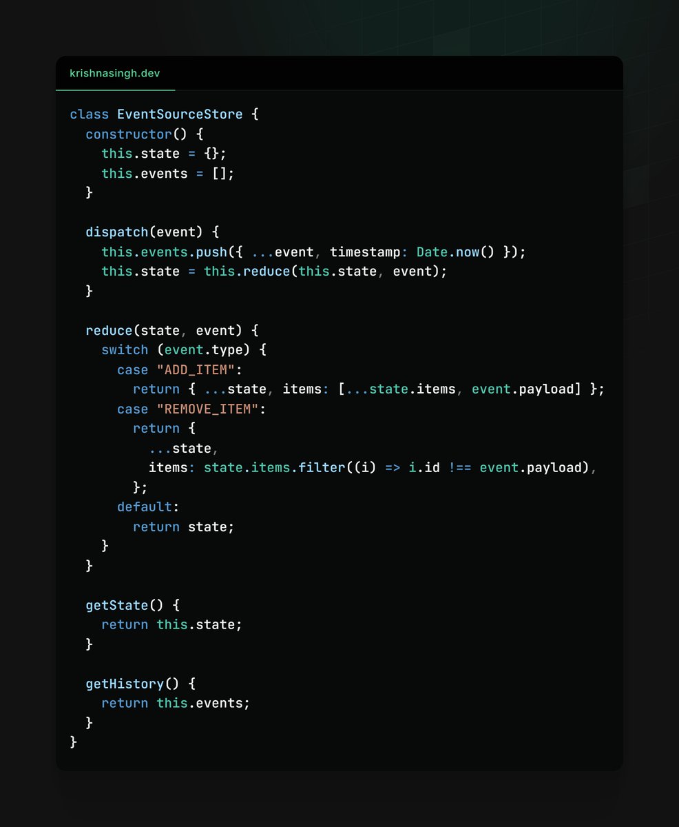krishnasinghdev's tweet image. The Event Source Pattern - Track State Changes

Why it&apos;s amazing:
1. Complete audit trail
2. Time travel debugging
3. Event replay capability
4. Perfect for complex state

#follow for more fun insights! 🌱
